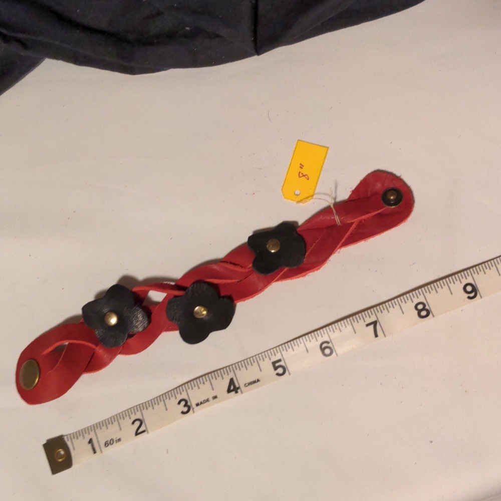 Handmade Genuine Leather Braided Bracelet With Flower Accent Red Black